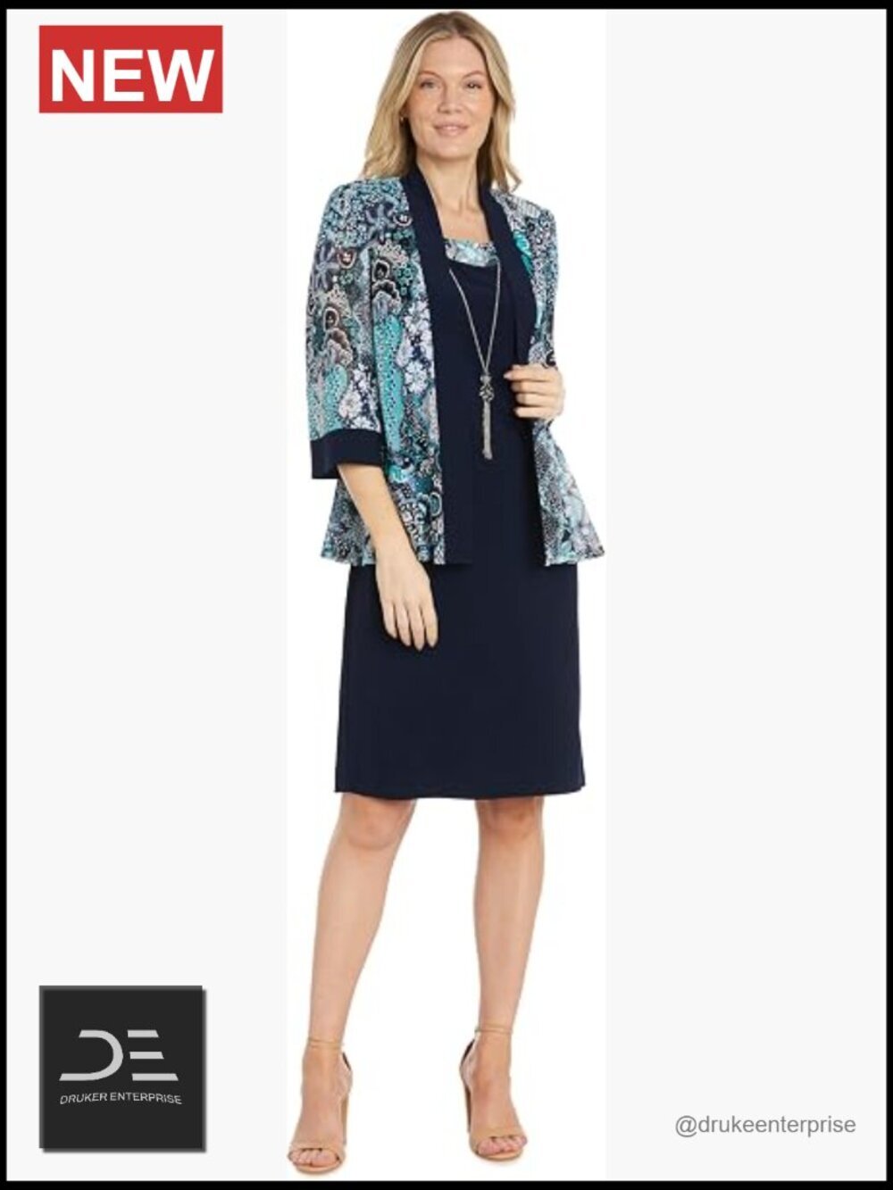 2-Piece Sheath Dress Set with Floral Print Sheer Jacket & Detachable Necklace